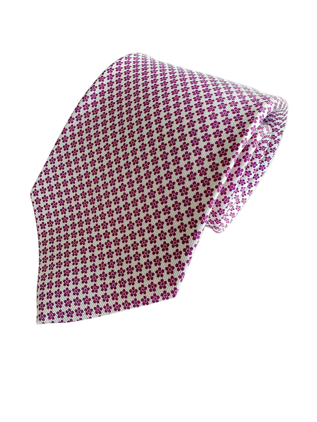 Drake's White Silk Tie With Fuchsia Pink Floral