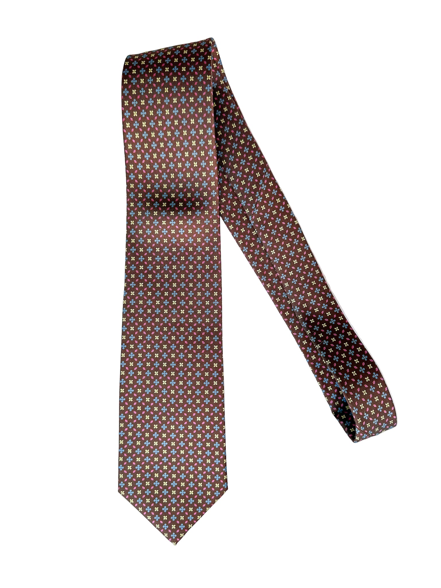 Drake's Brown Silk Tie With Blue & Yellow Floral