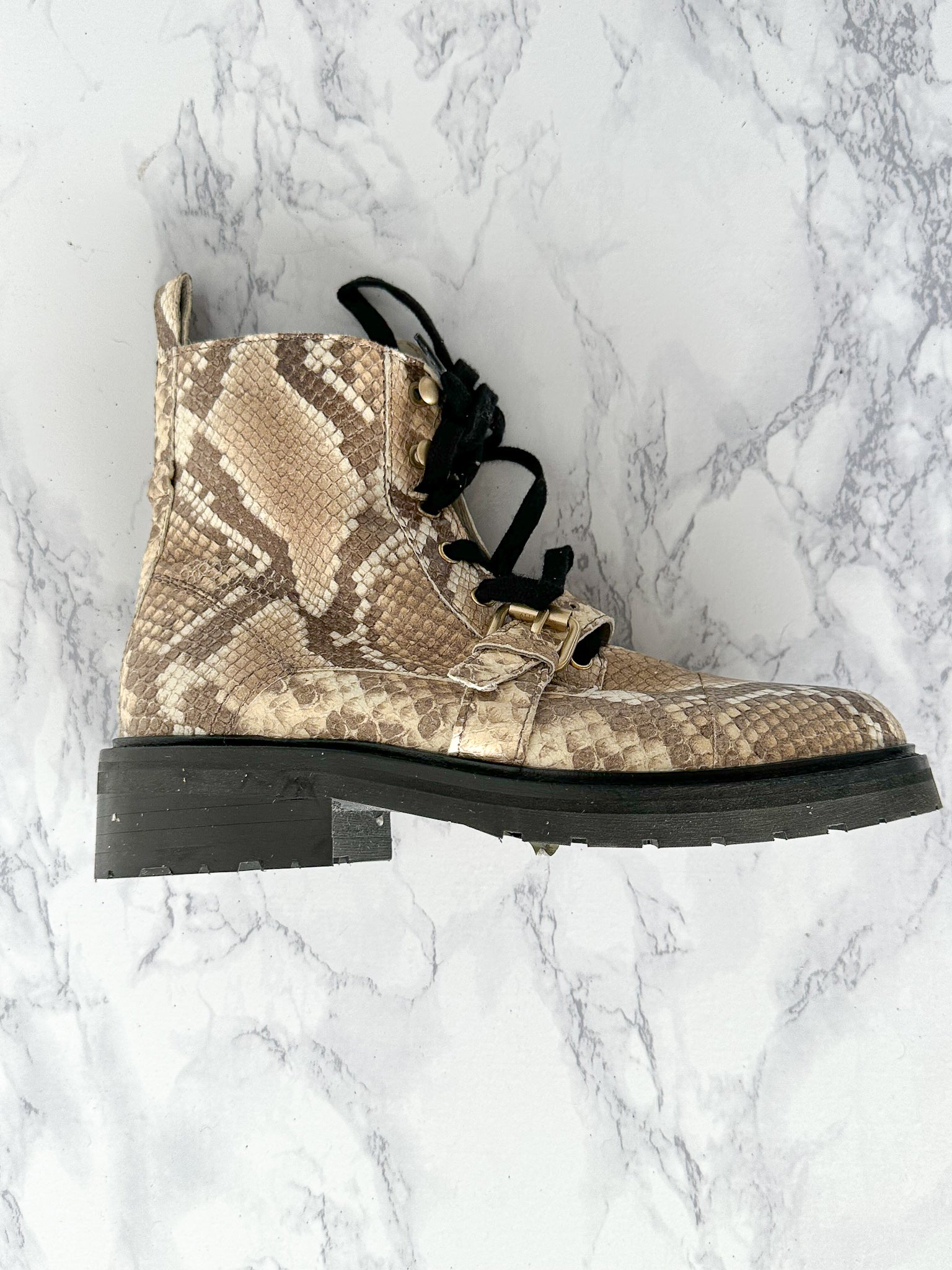 ALLSAINTS Combat Snake Print Lace Zip Chunky Heel Ankle Donita Boots (EU 36)