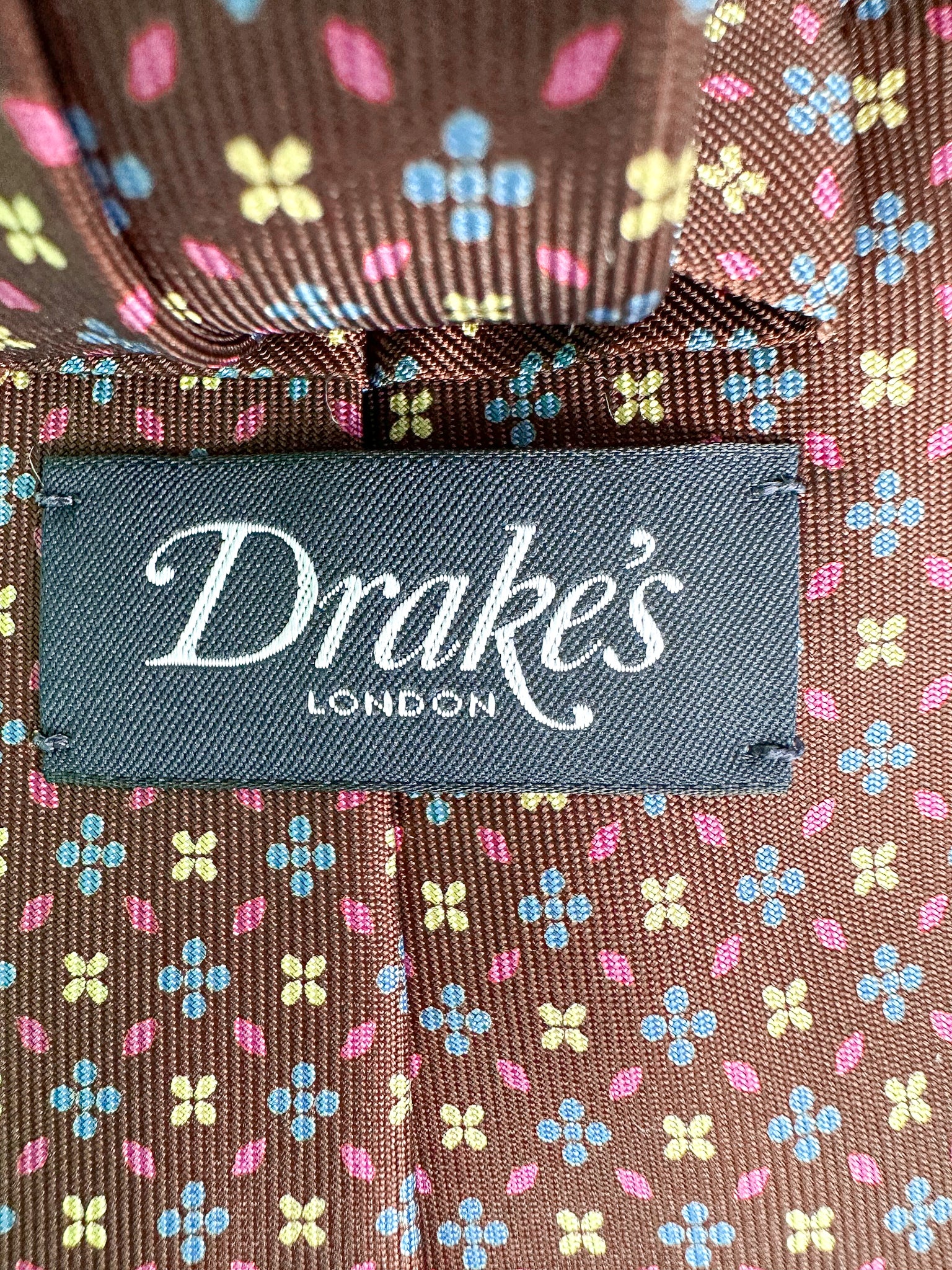 Drake's Brown Silk Tie With Blue & Yellow Floral