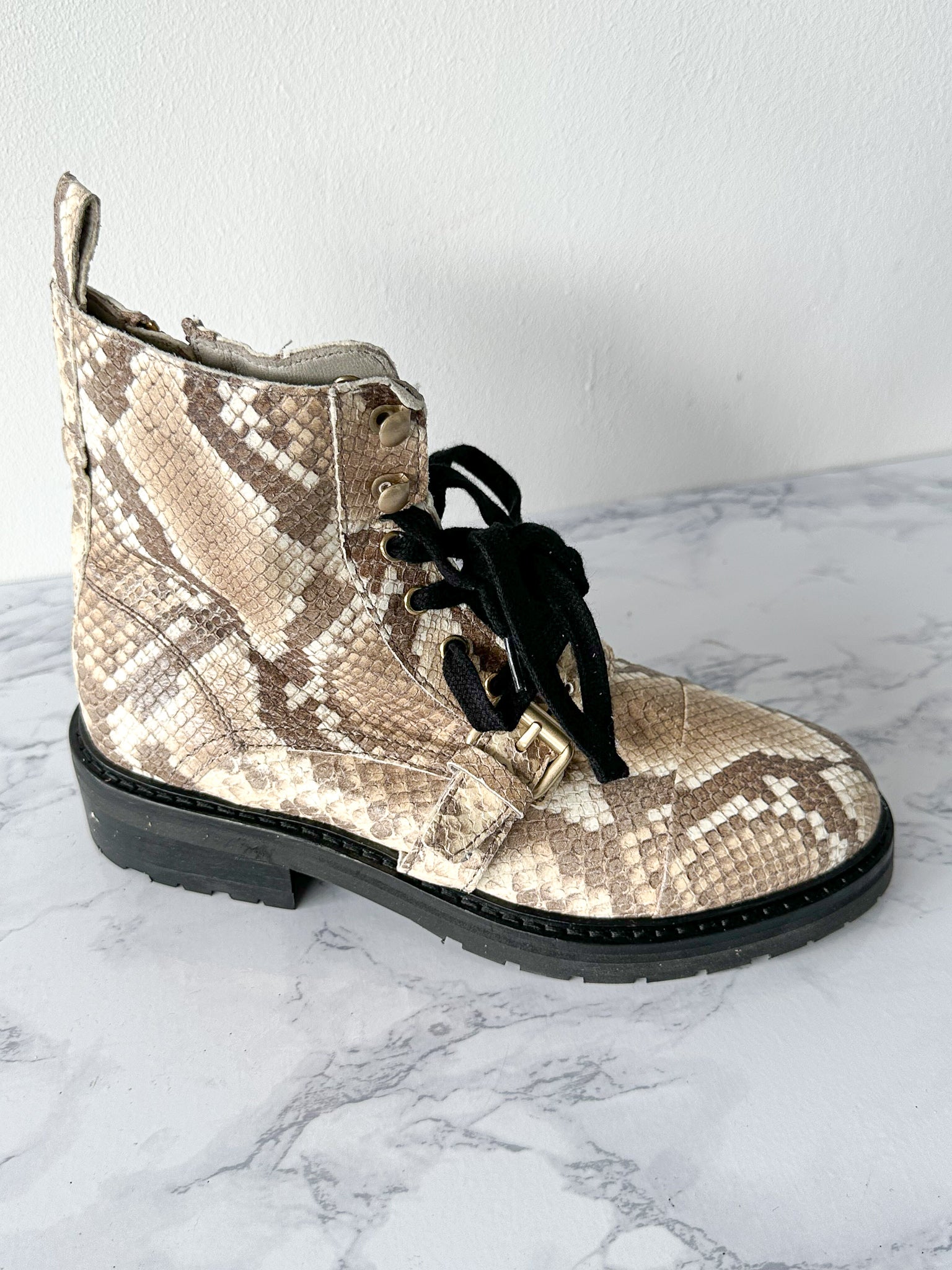 ALLSAINTS Combat Snake Print Lace Zip Chunky Heel Ankle Donita Boots (EU 36)