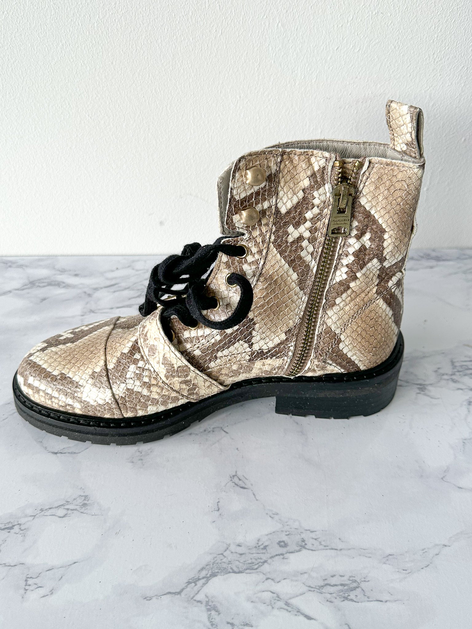 ALLSAINTS Combat Snake Print Lace Zip Chunky Heel Ankle Donita Boots (EU 36)