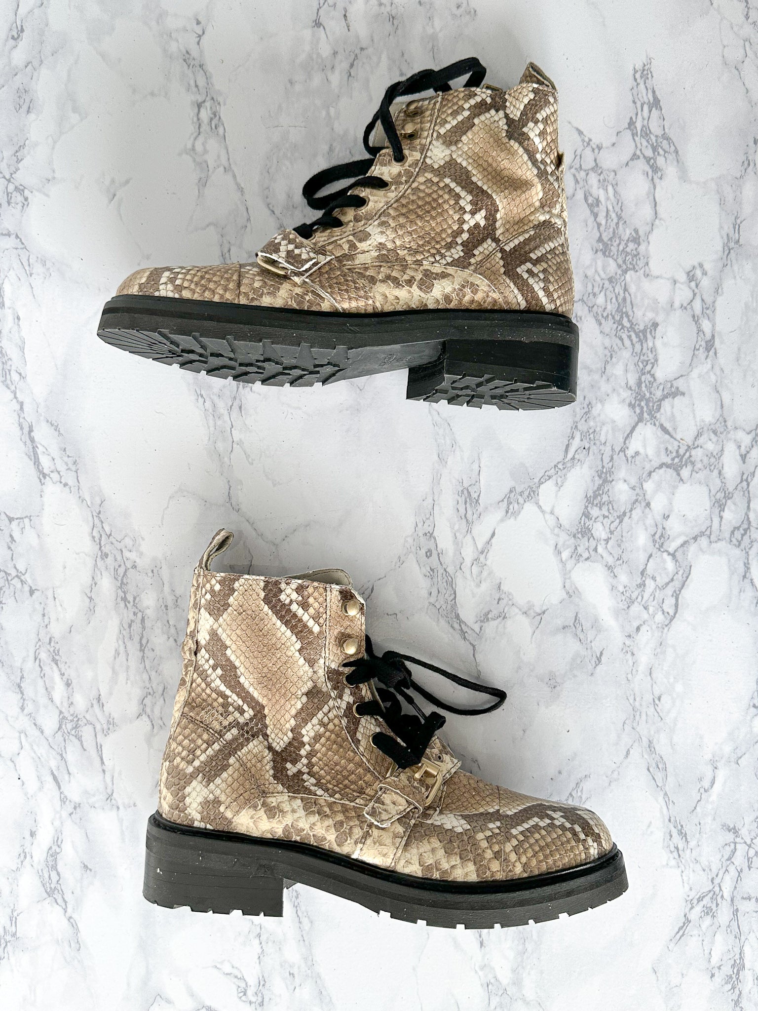 ALLSAINTS Combat Snake Print Lace Zip Chunky Heel Ankle Donita Boots (EU 36)