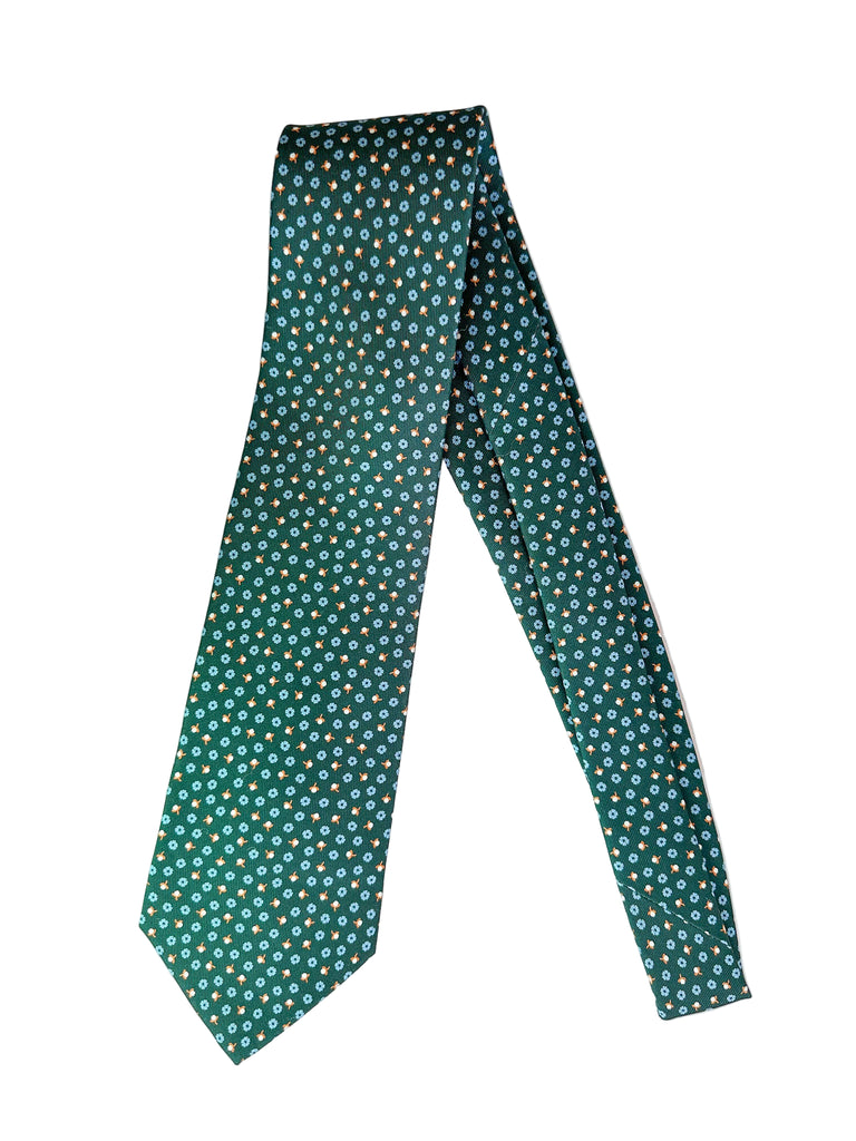 Drake's Dark Green Silk Tie With Blue Floral Print 