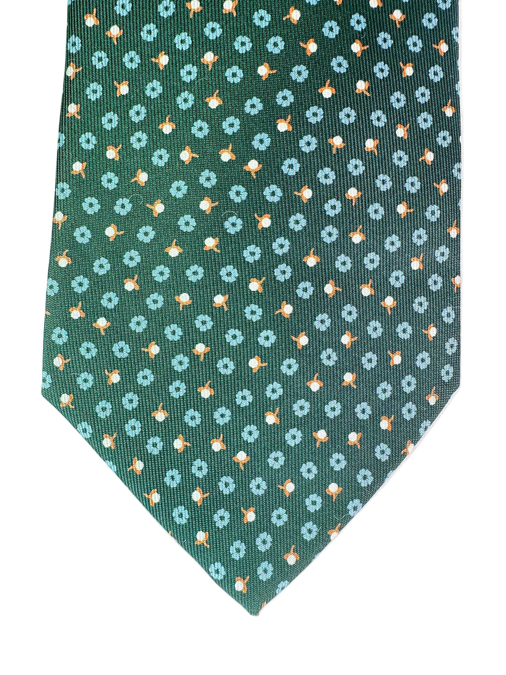 Drake's Dark Green Silk Tie With Blue Floral Print