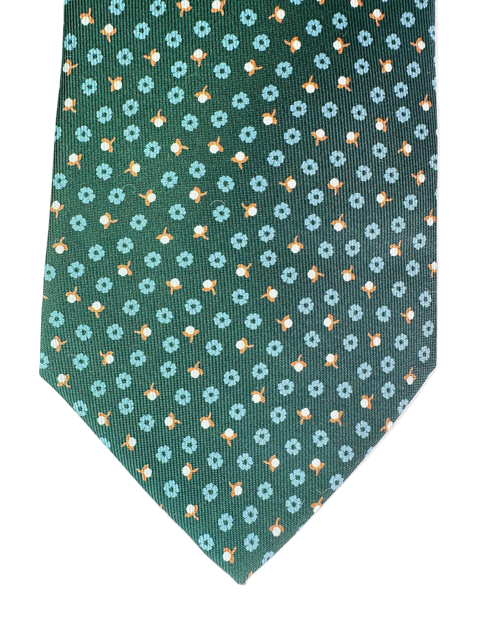 Drake's Dark Green Silk Tie With Blue Floral Print