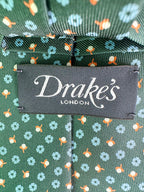 Drake's Dark Green Silk Tie With Blue Floral Print