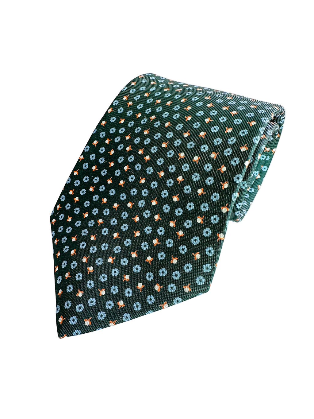 Drake's Dark Green Silk Tie With Blue Floral Print 