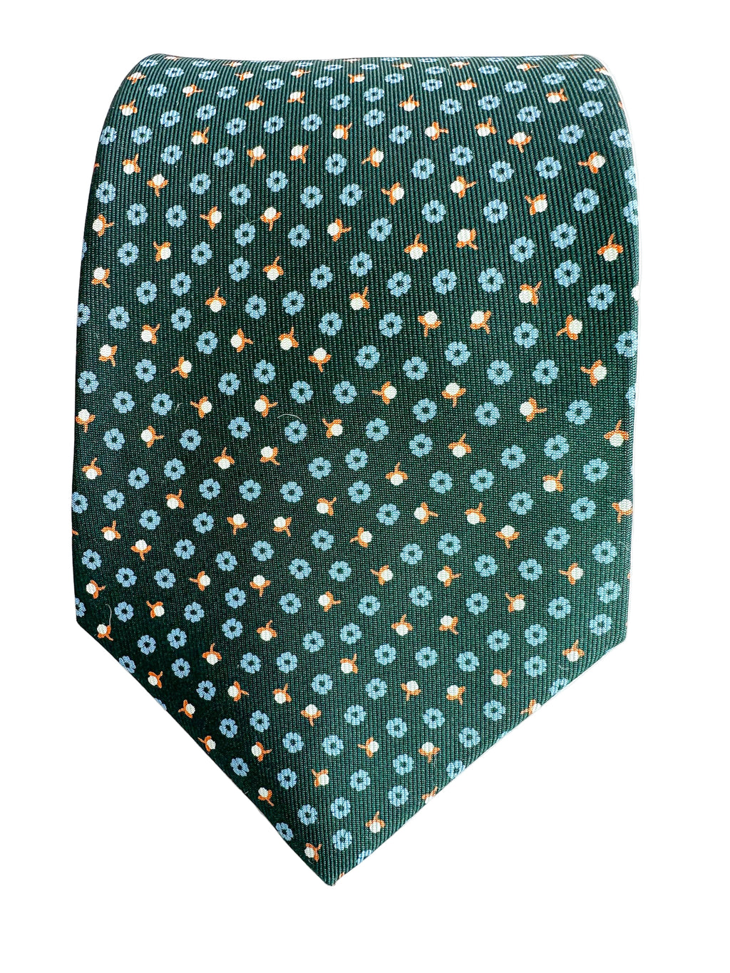 Drake's Dark Green Silk Tie With Blue Floral Print