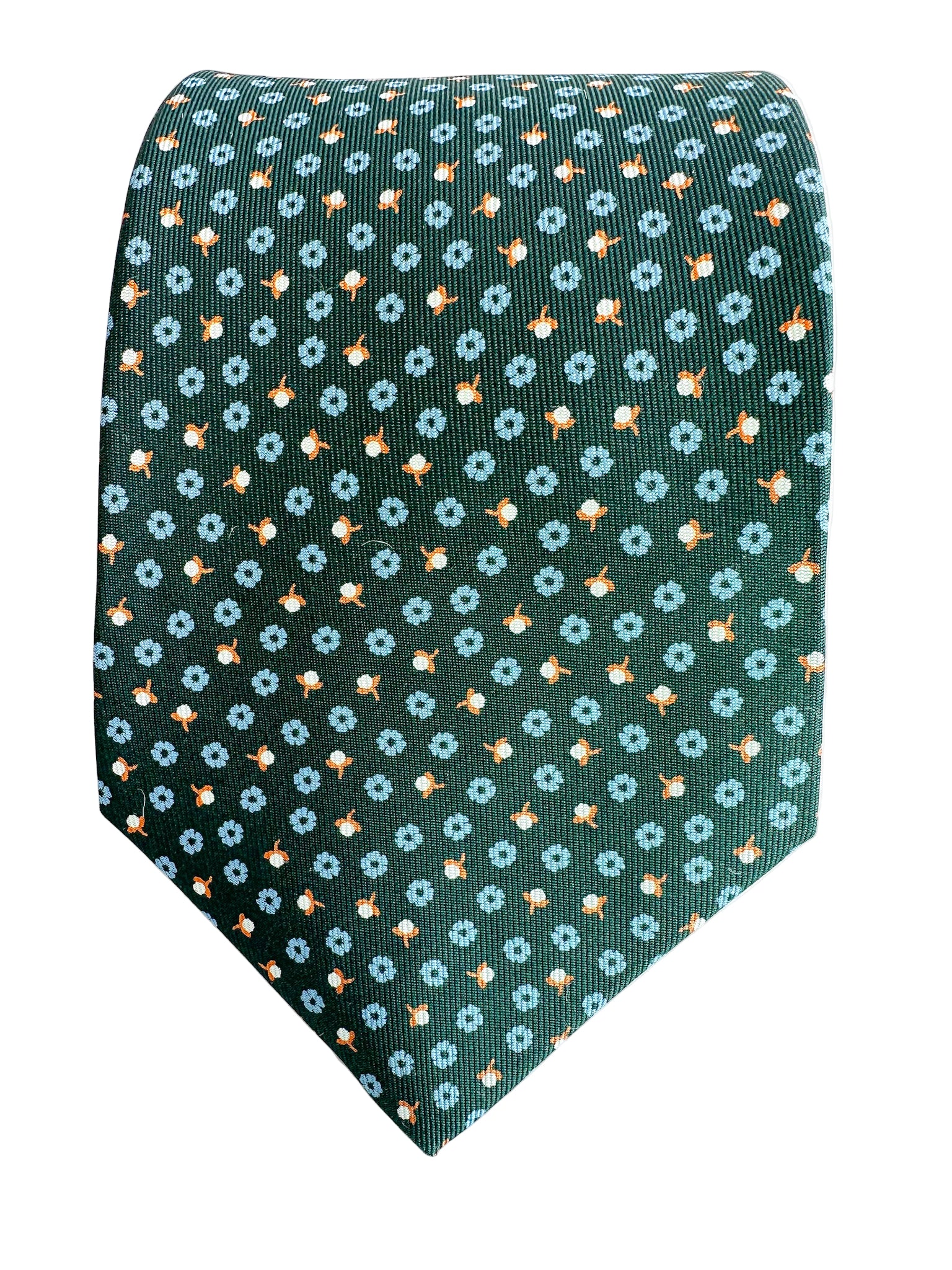 Drake's Dark Green Silk Tie With Blue Floral Print