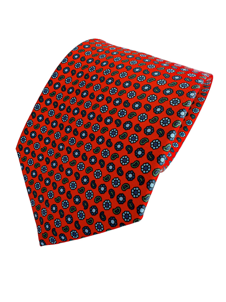 Drake's Red Silk Tie With Paisley Floral Print