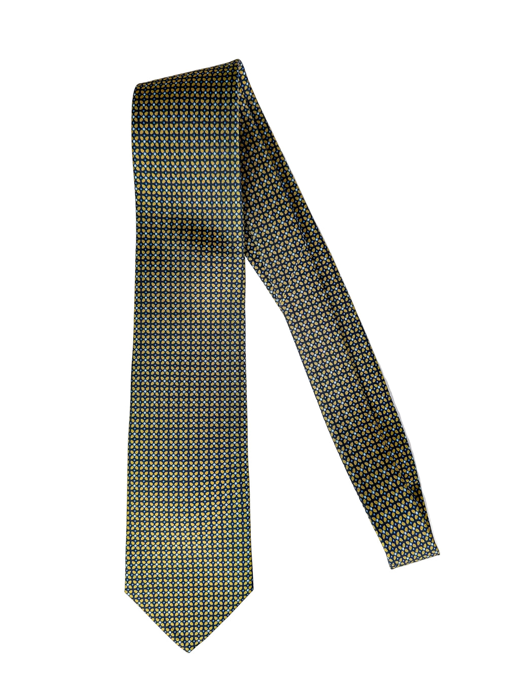 Drake's Navy Silk Tie With Mustard Cross Print