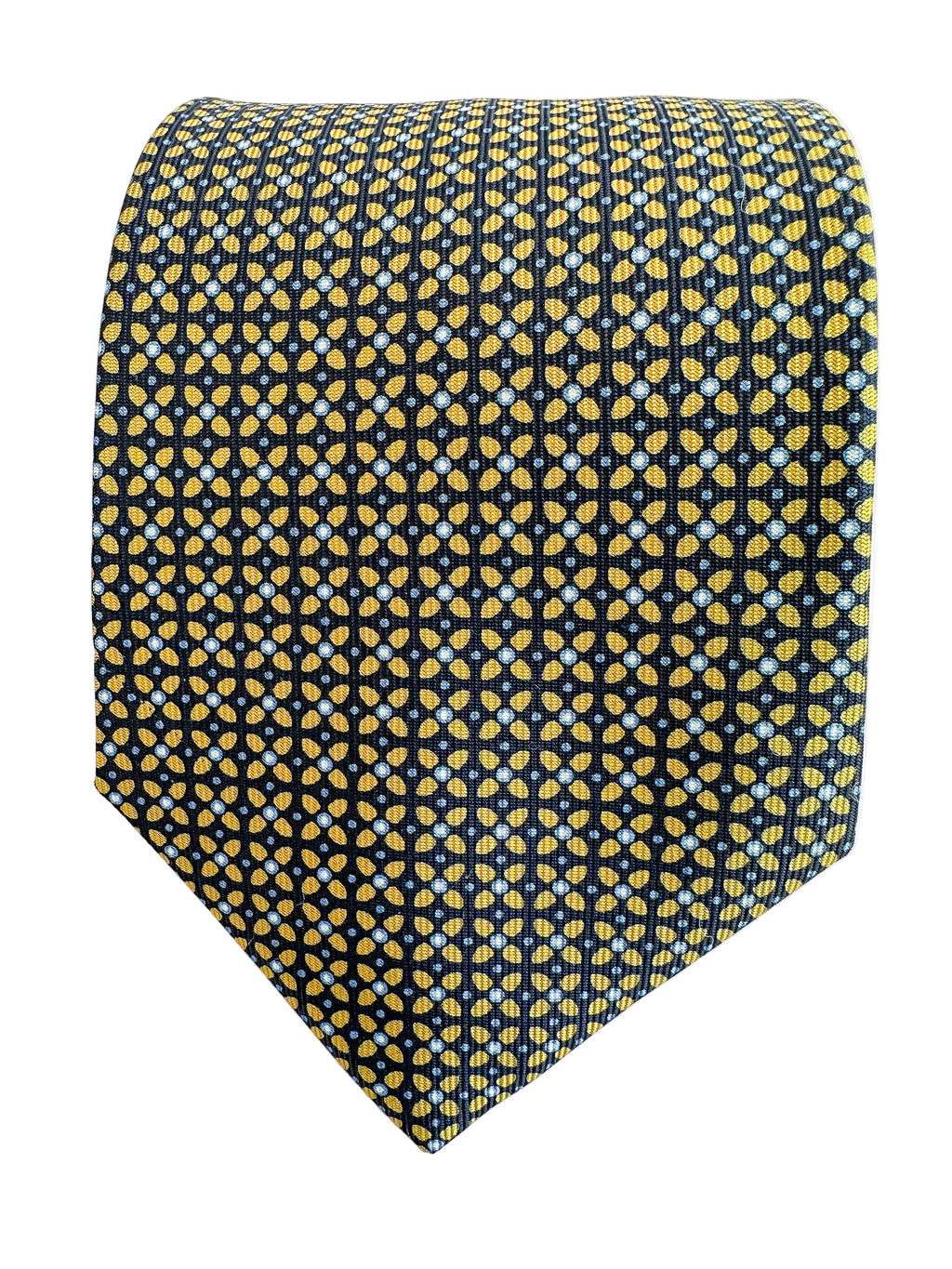 Drake's Navy Silk Tie With Mustard Cross Print