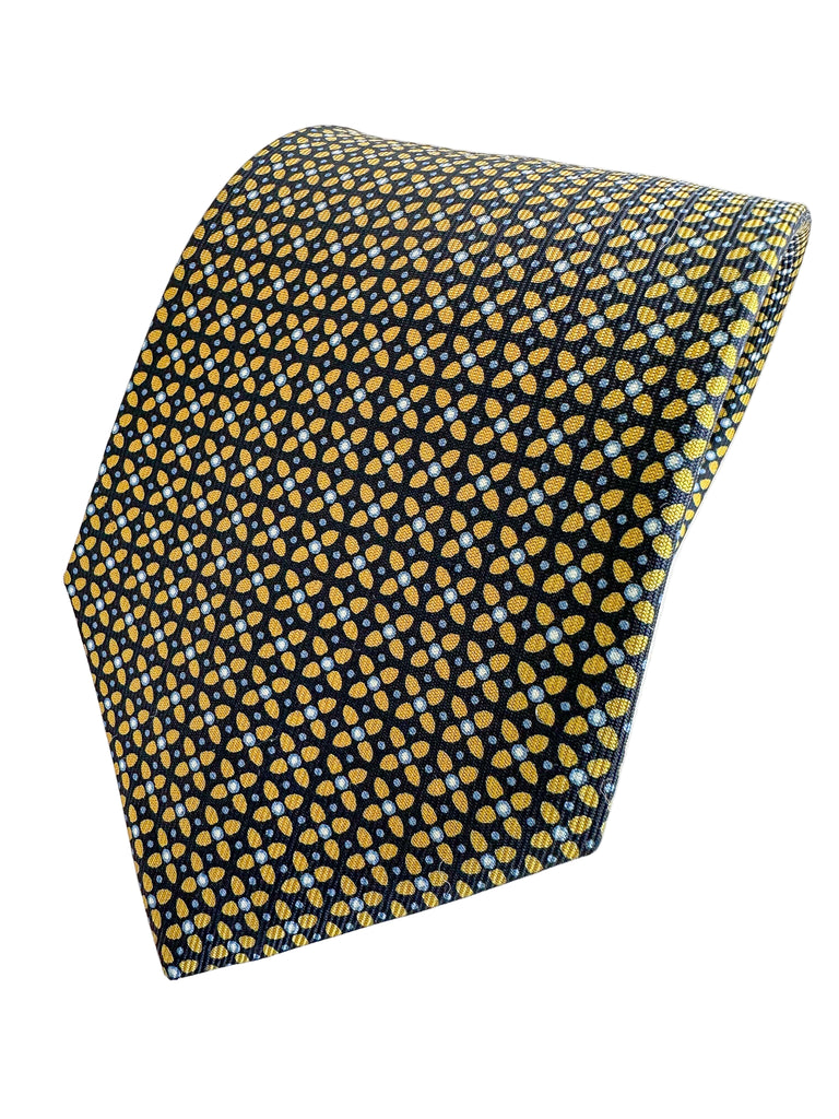 Drake's Navy Silk Tie With Mustard Cross Print 