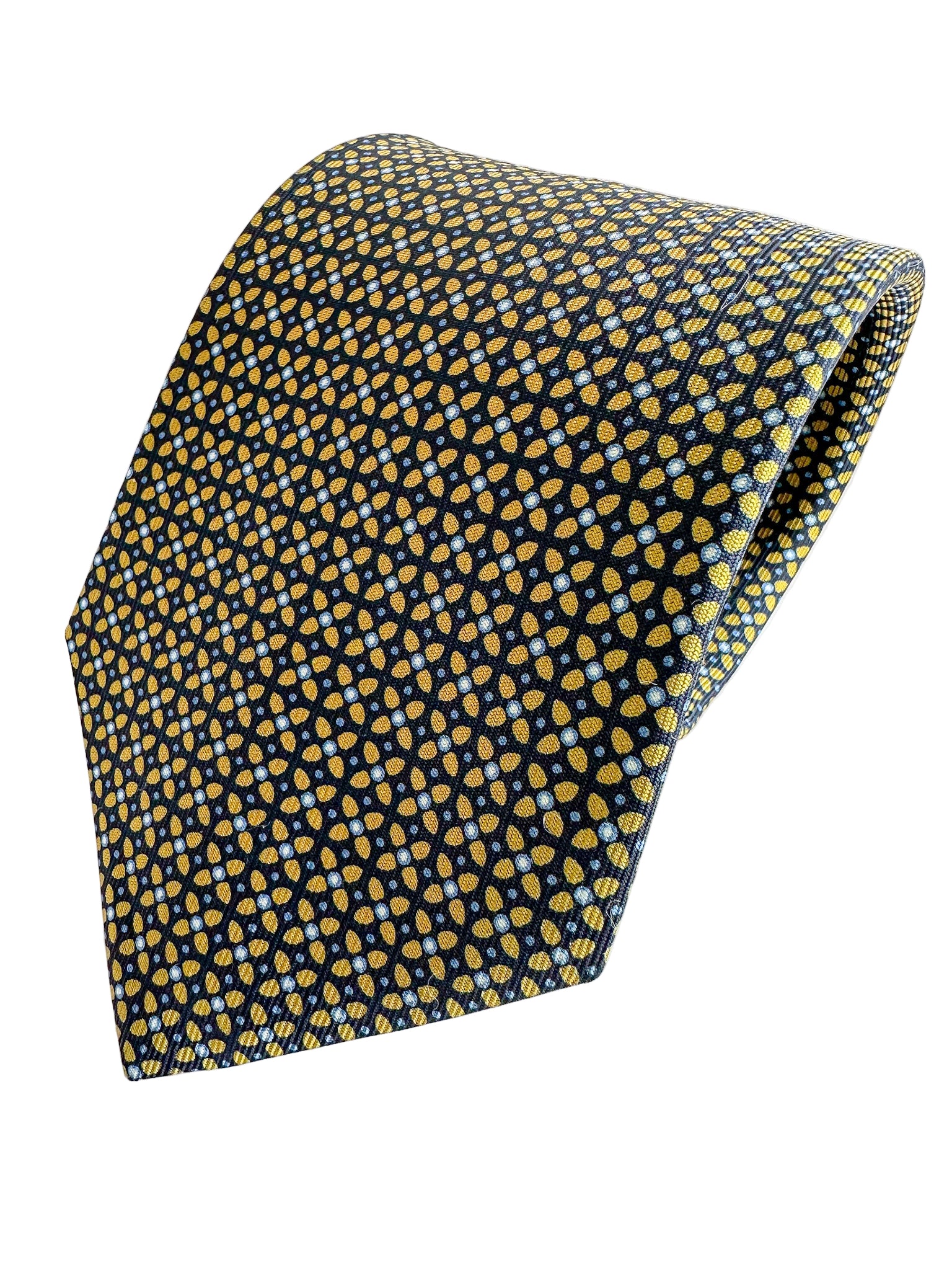 Drake's Navy Silk Tie With Mustard Cross Print