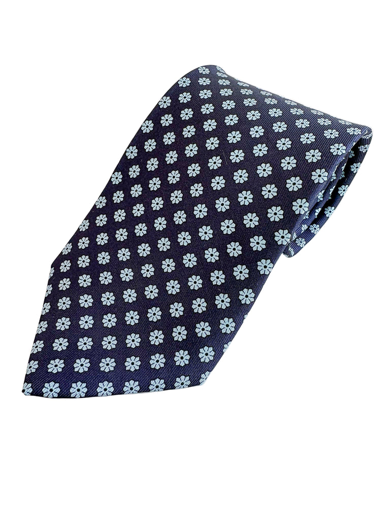 Drake's Navy Silk Tie With Blue Floral Print