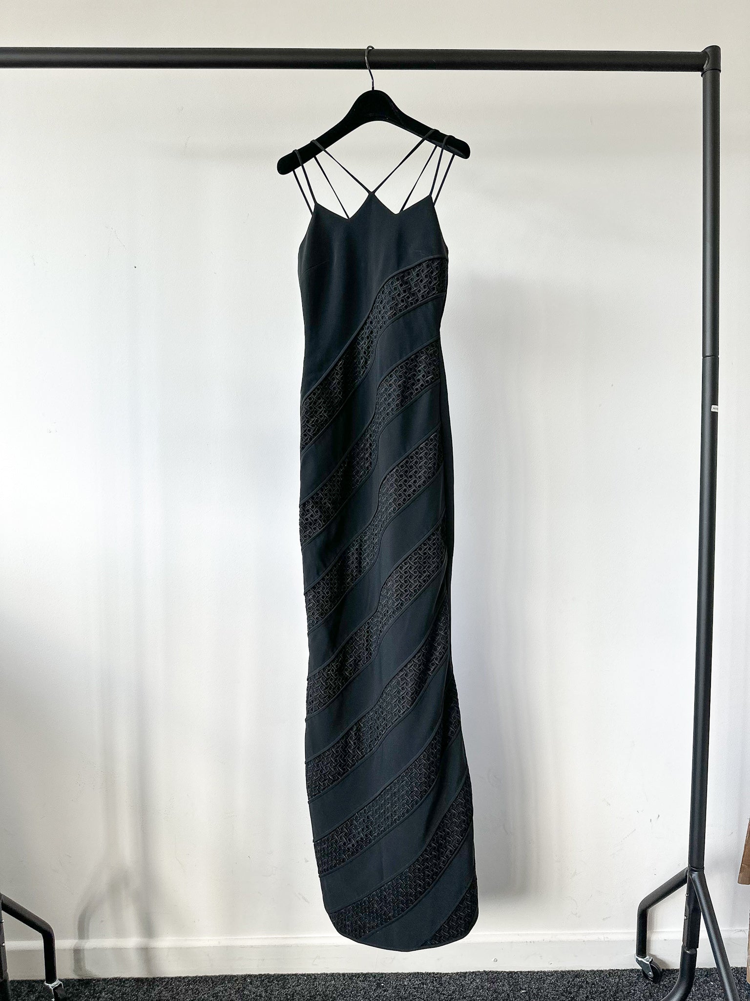 David Koma Black Strappy Crepe Crochet Eyelet Detail Maxi Gown Dress - House Of Huntington