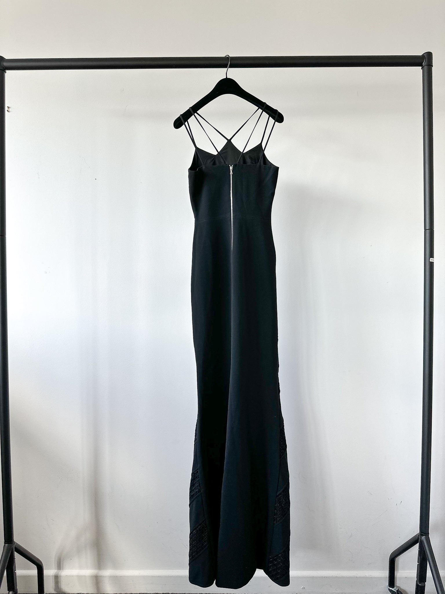 David Koma Black Strappy Crepe Crochet Eyelet Detail Maxi Gown Dress - House Of Huntington