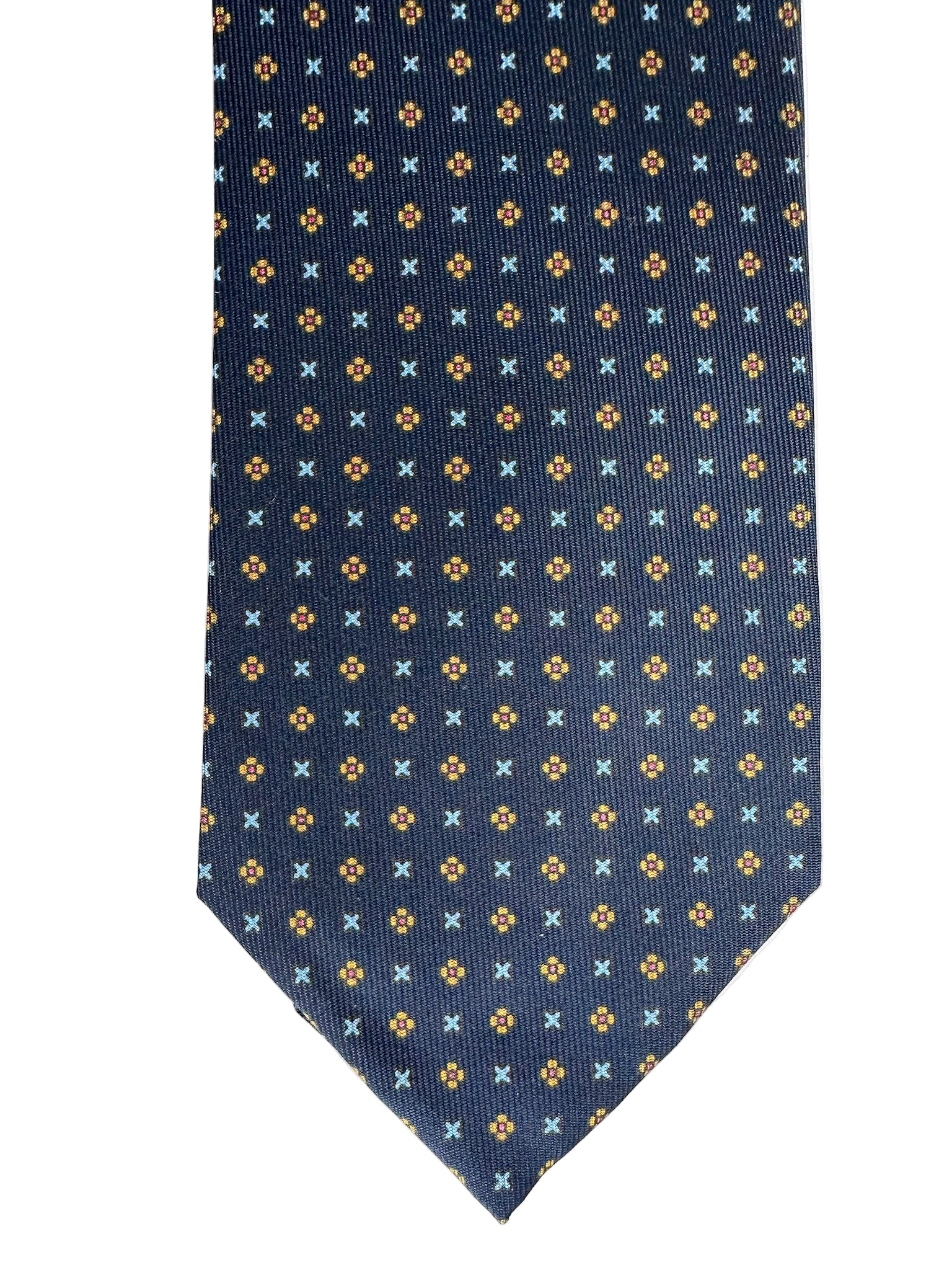 Drake's Navy Blue Silk Tie With Mustard Dot Floral and Blue Cross