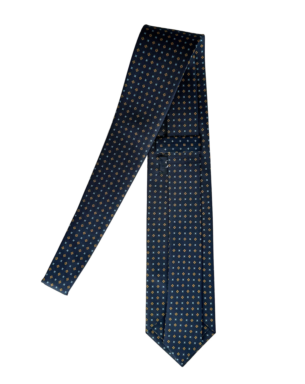 Drake's Navy Blue Silk Tie With Mustard Dot Floral and Blue Cross