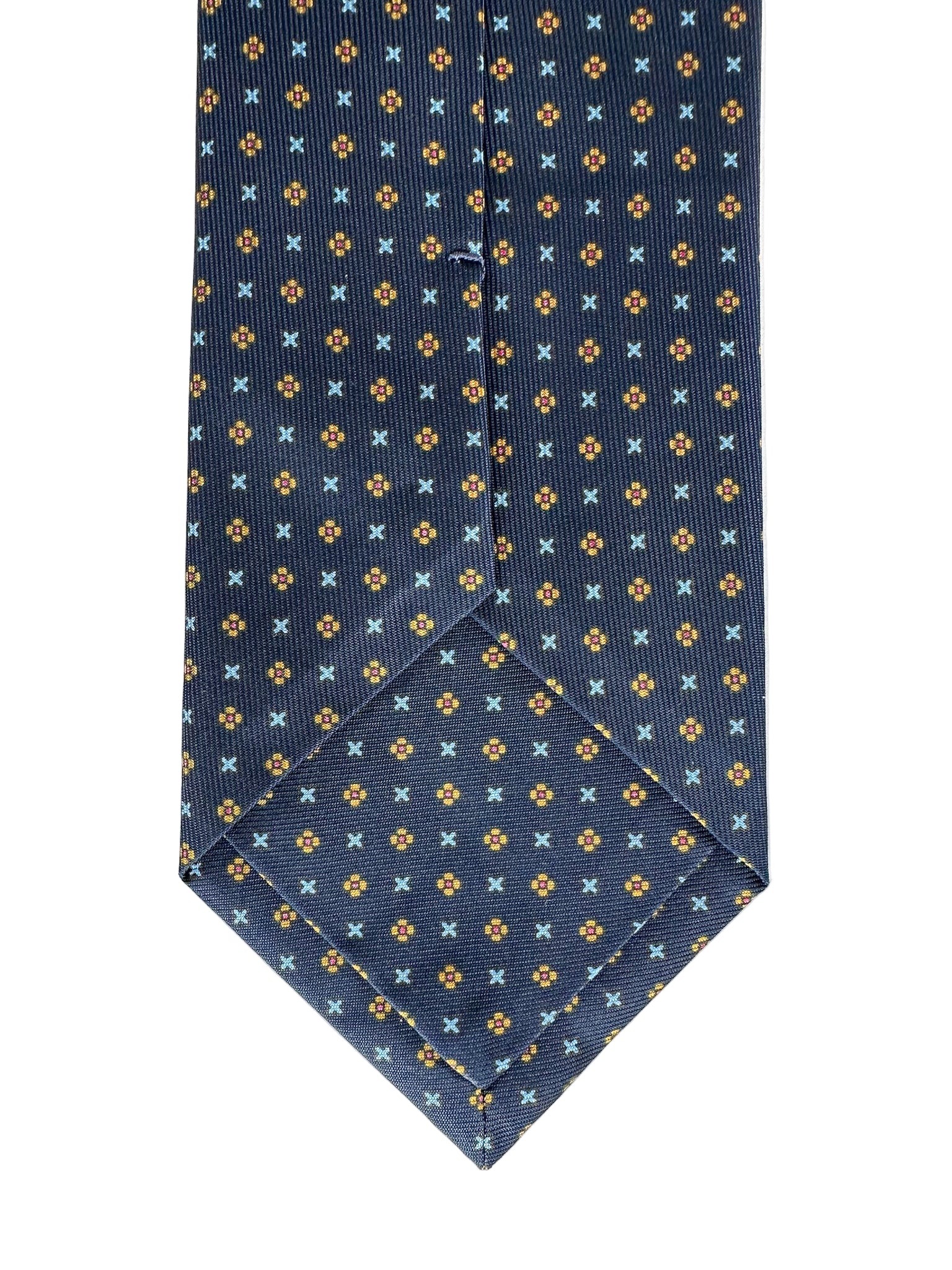 Drake's Navy Blue Silk Tie With Mustard Dot Floral and Blue Cross