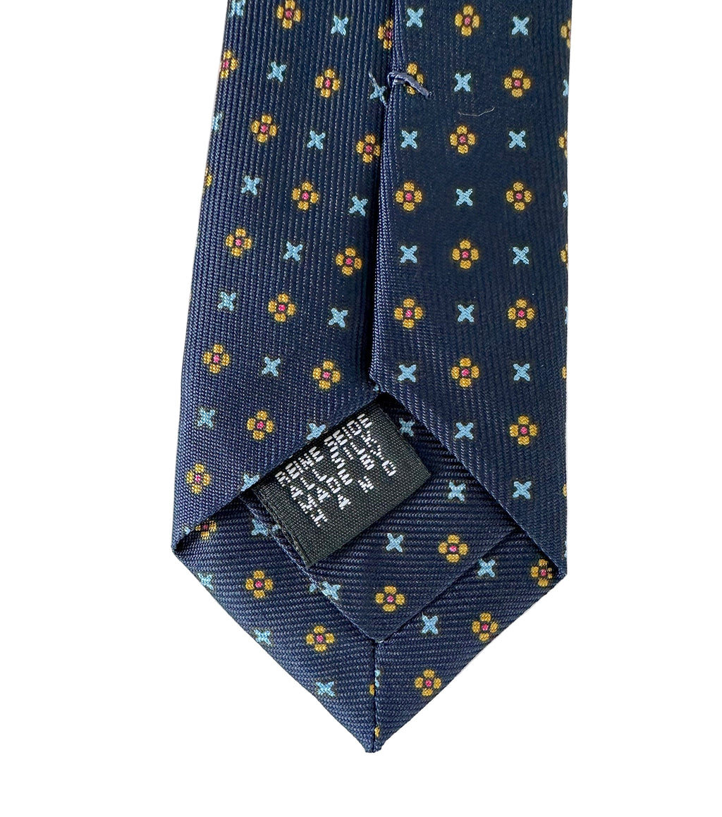 Drake's Navy Blue Silk Tie With Mustard Dot Floral and Blue Cross