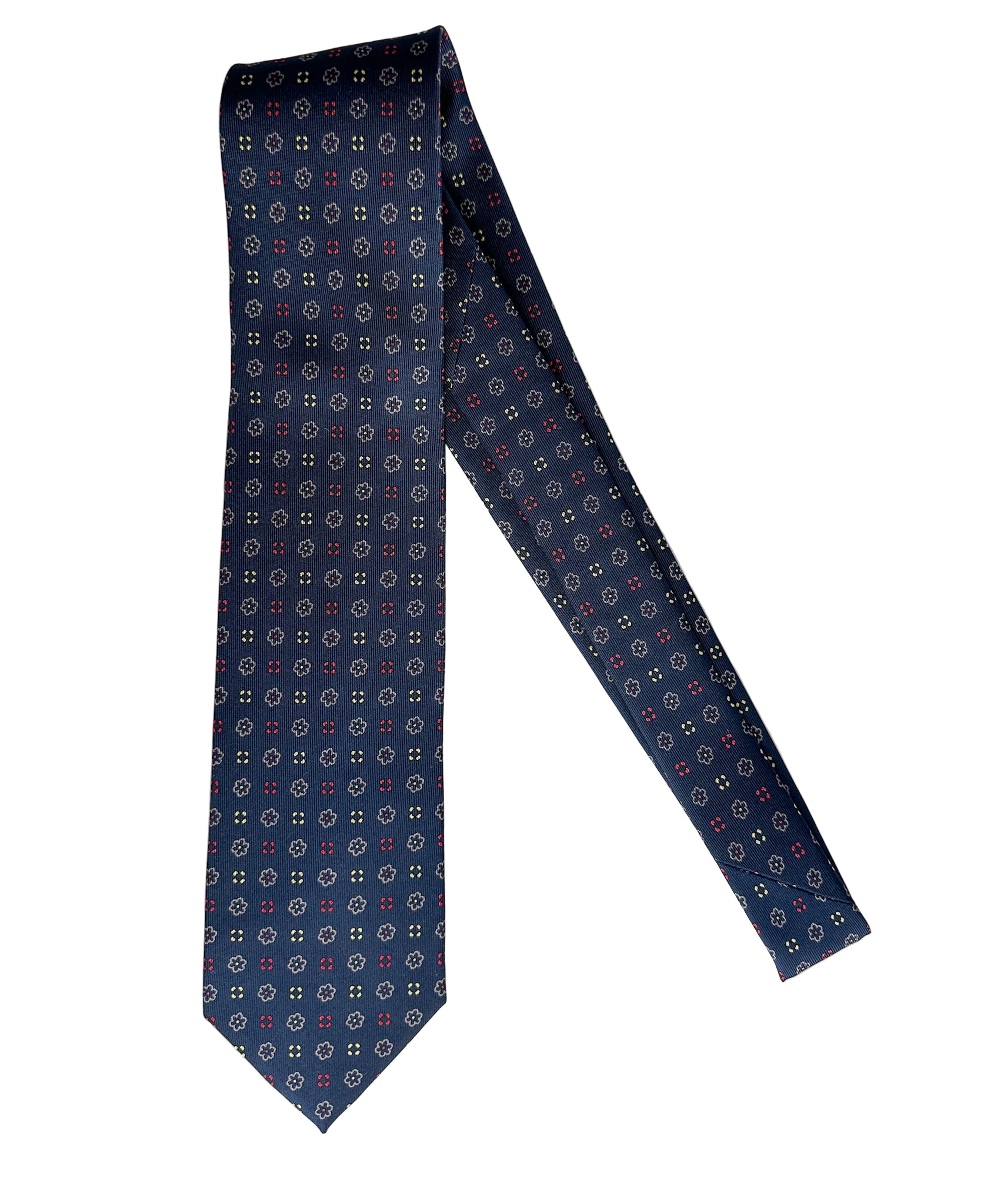 Drake's Navy Silk Tie With Mustard Stencil Floral Design