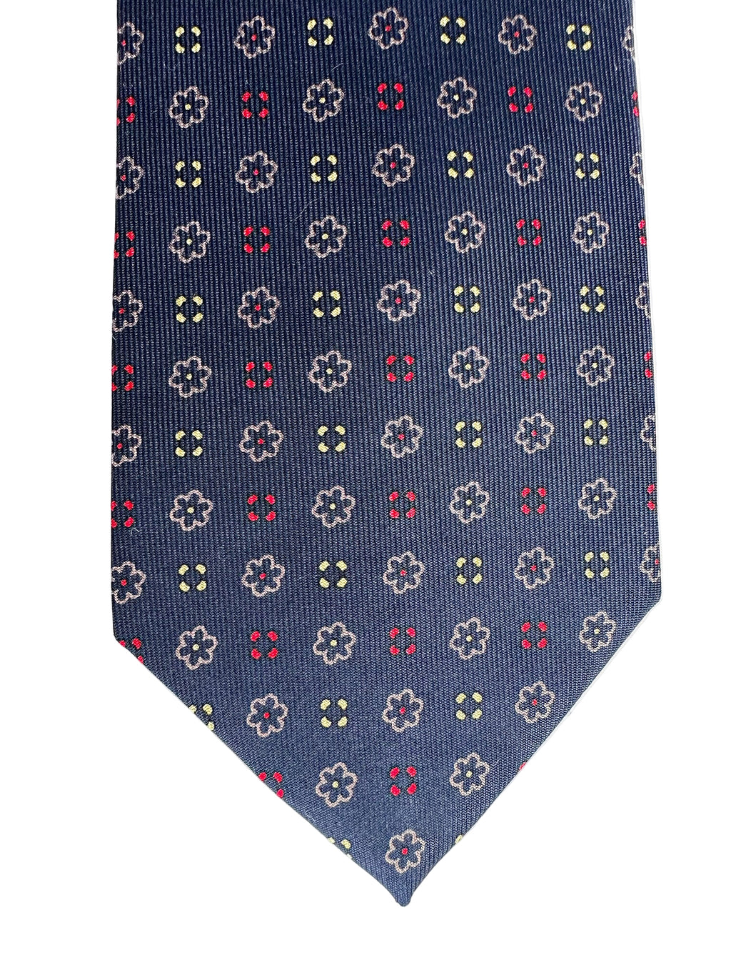 Drake's Navy Silk Tie With Mustard Stencil Floral Design