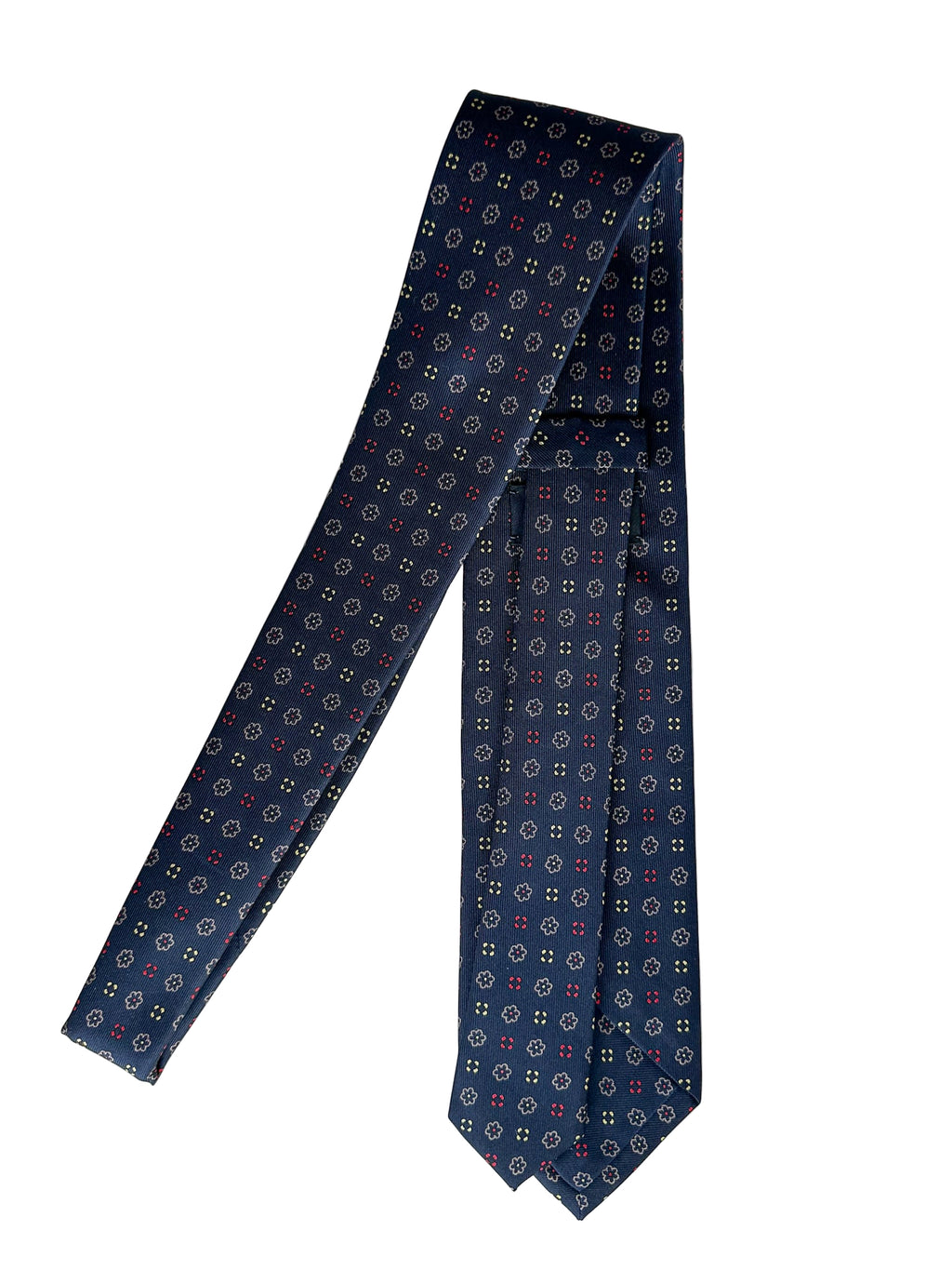 Drake's Navy Silk Tie With Mustard Stencil Floral Design