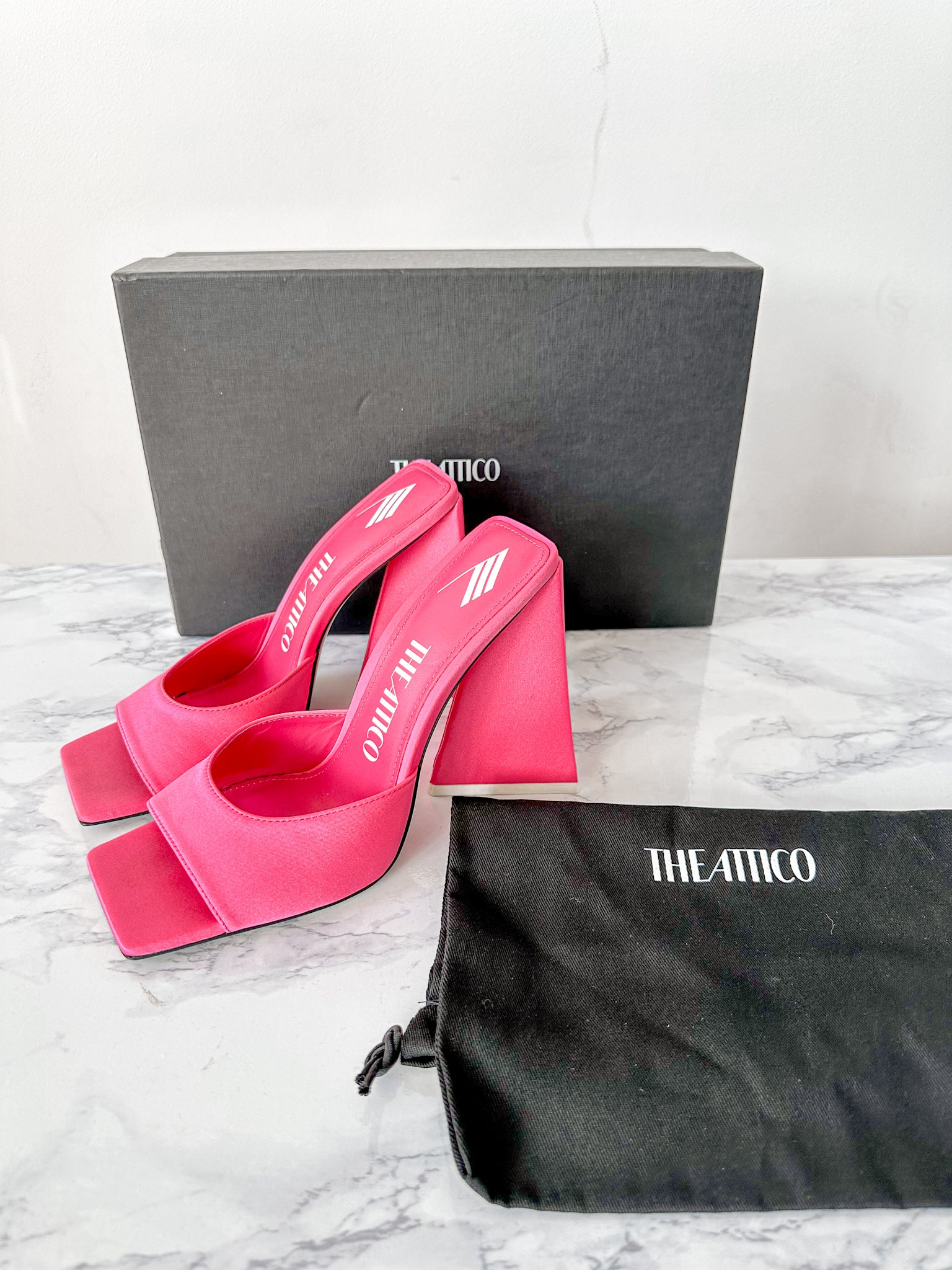 The Attico Devon Pink Satin High Heel Mules