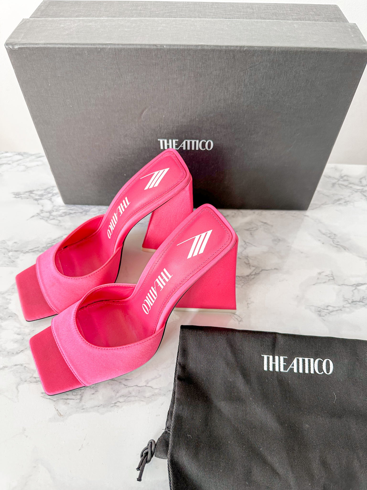 The Attico Devon Pink Satin High Heel Mules
