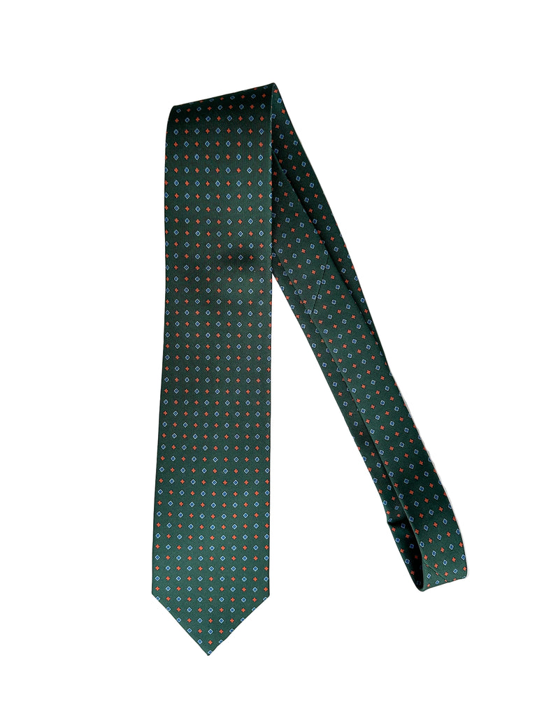 Drake's Dark Green Silk Tie With Blue Red Diamond Print 