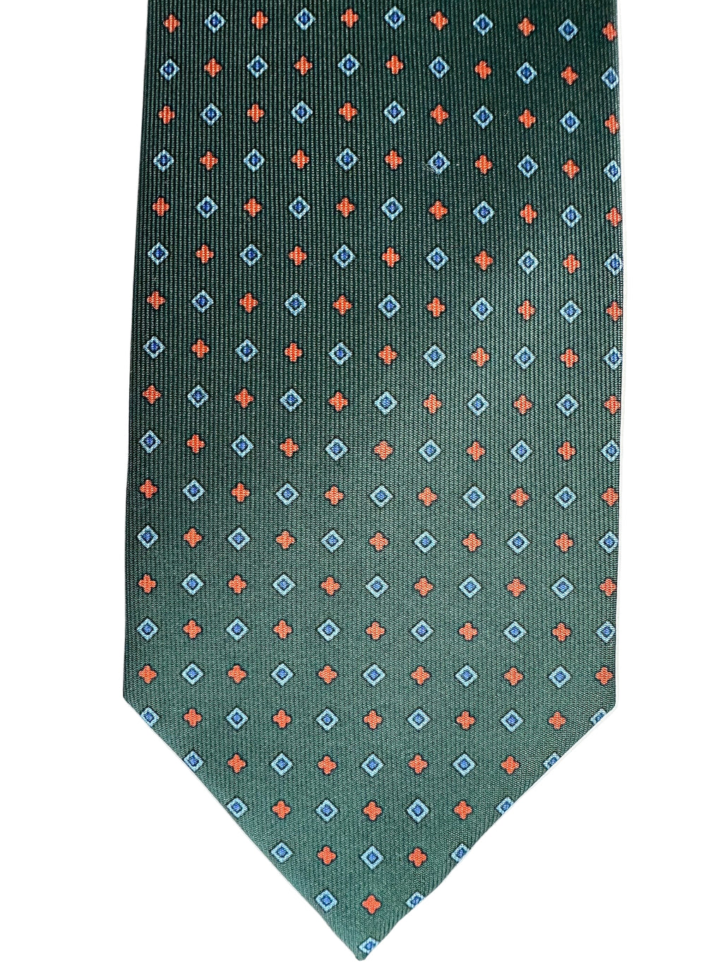 Drake's Dark Green Silk Tie With Blue Red Diamond Print