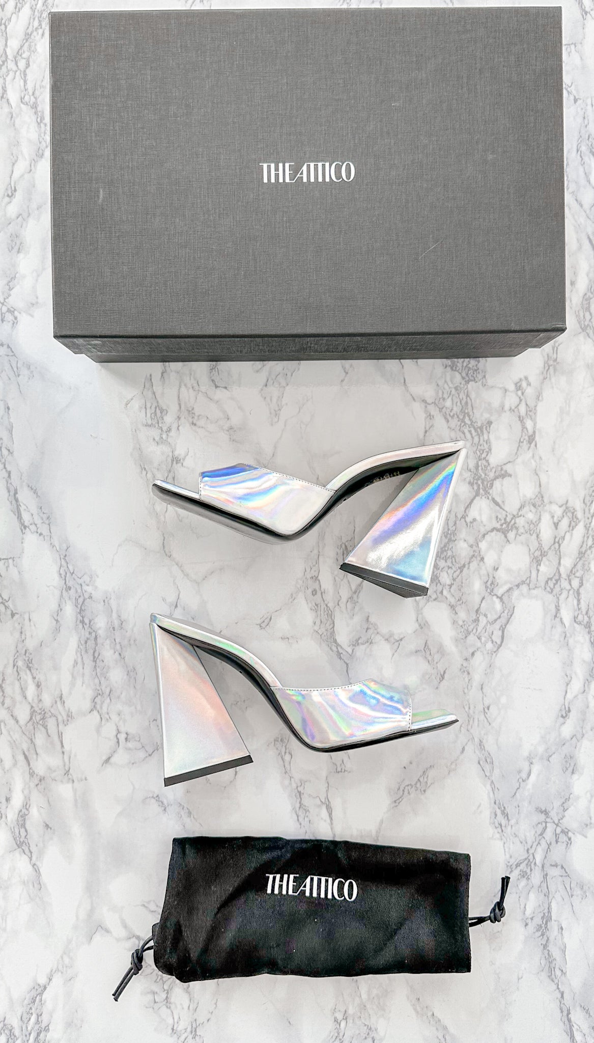 The Attico Devon Iridescent Holographic Silver High Heel Mules