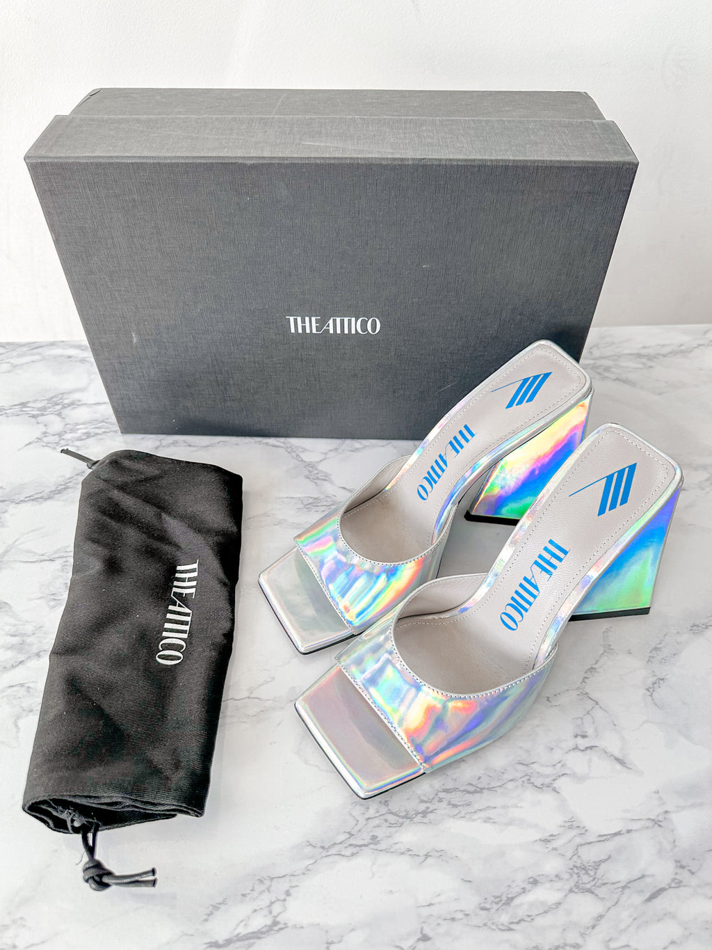 The Attico Devon Iridescent Holographic Silver High Heel Mules