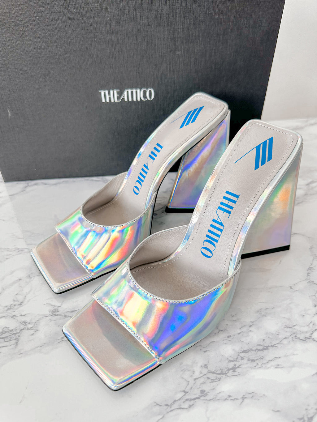 The Attico Devon Iridescent Holographic Silver High Heel Mules