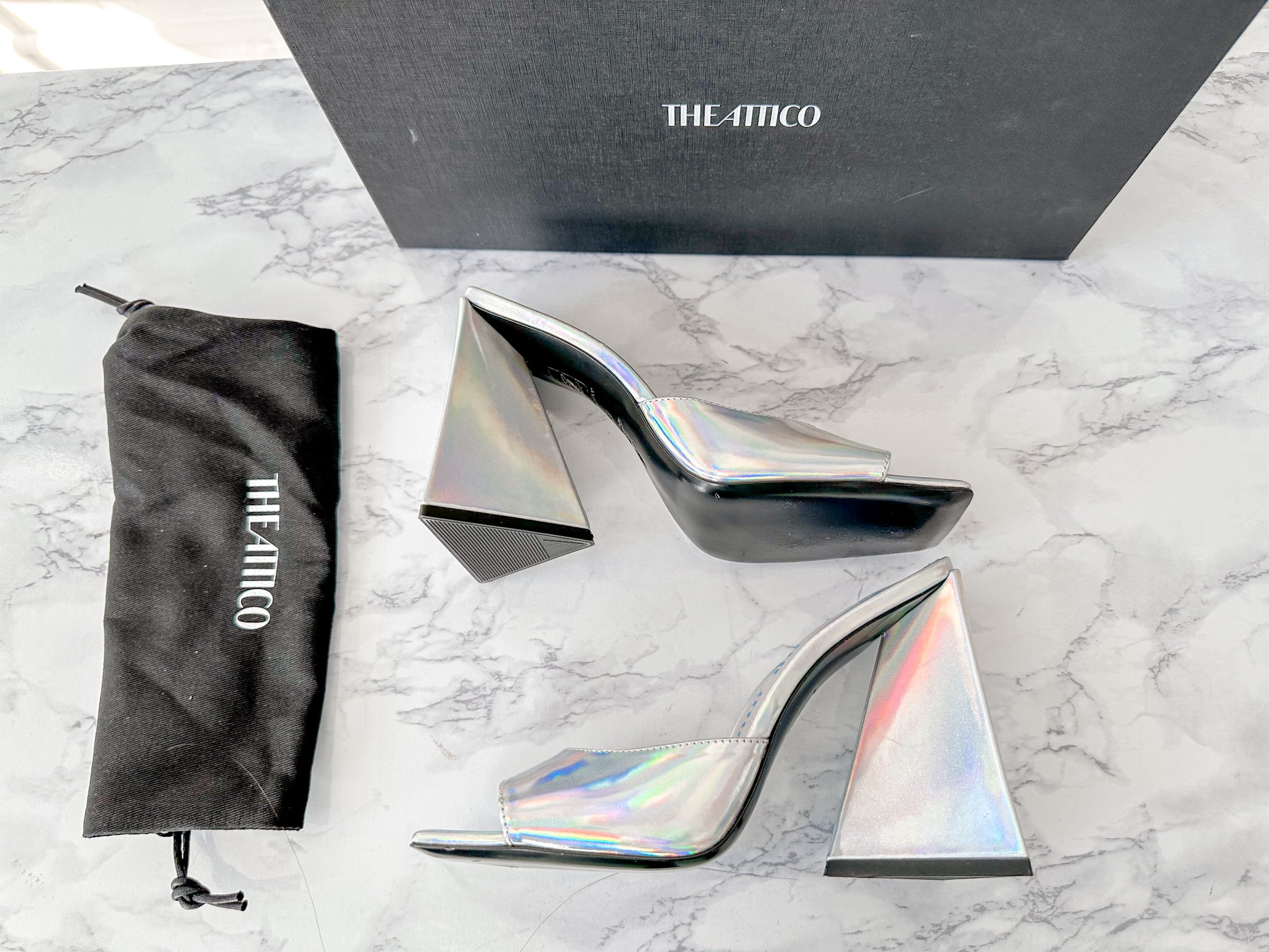 The Attico Devon Iridescent Holographic Silver High Heel Mules