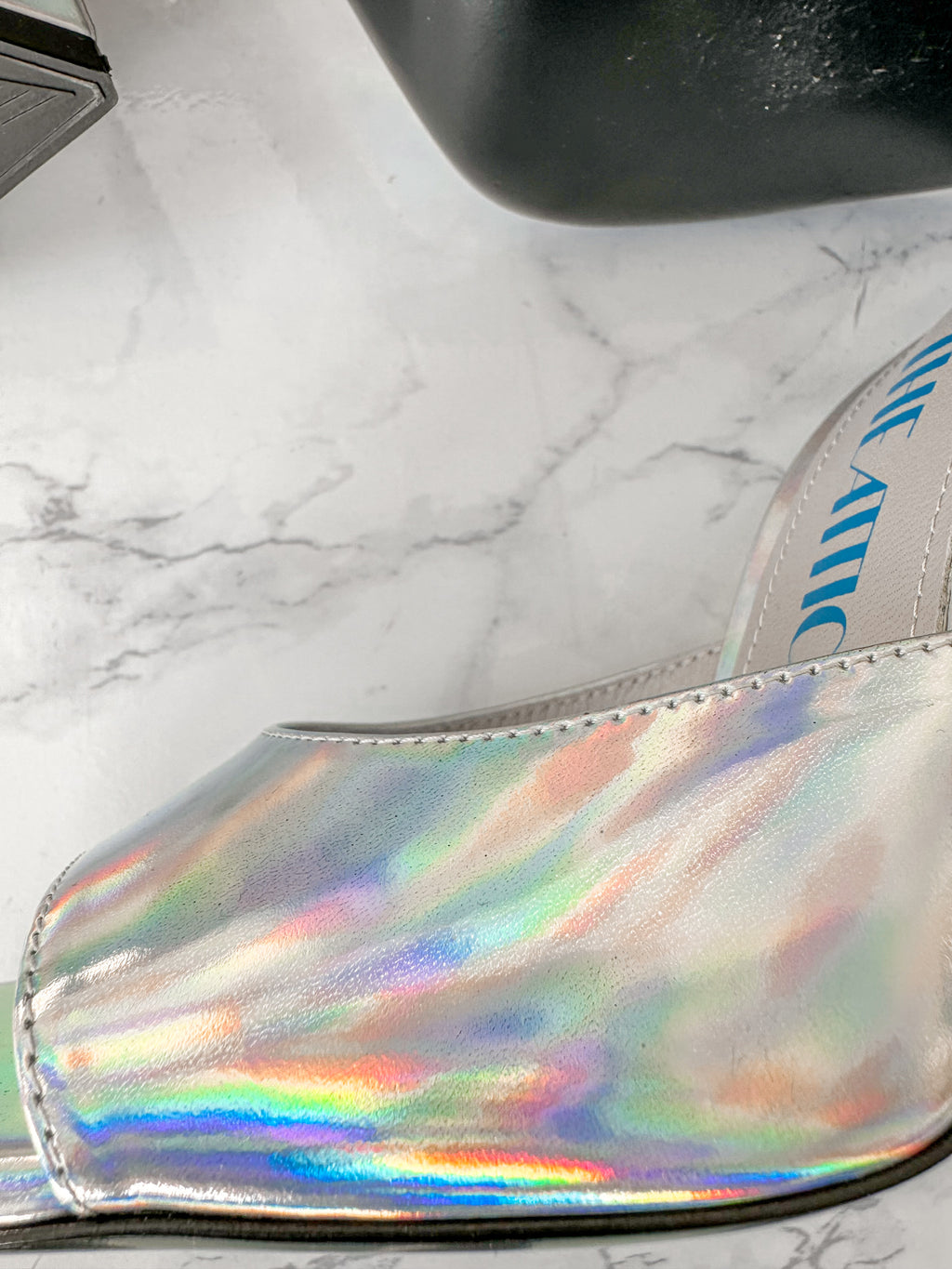 The Attico Devon Iridescent Holographic Silver High Heel Mules