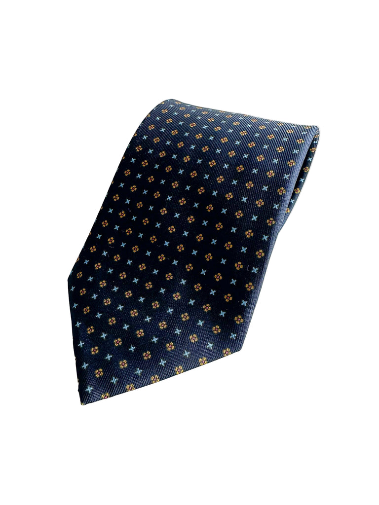 Drake's Navy Blue Silk Tie With Mustard Dot Floral and Blue Cross