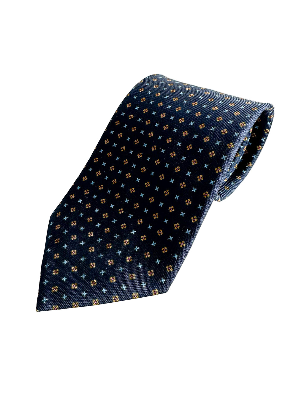 Drake's Navy Blue Silk Tie With Mustard Dot Floral and Blue Cross