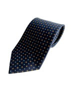 Drake's Navy Blue Silk Tie With Mustard Dot Floral and Blue Cross