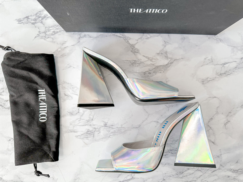 The Attico Devon Iridescent Holographic Silver High Heel Mules