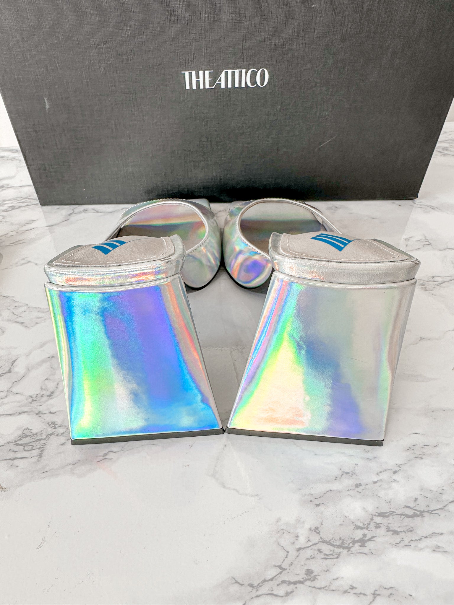 The Attico Devon Iridescent Holographic Silver High Heel Mules