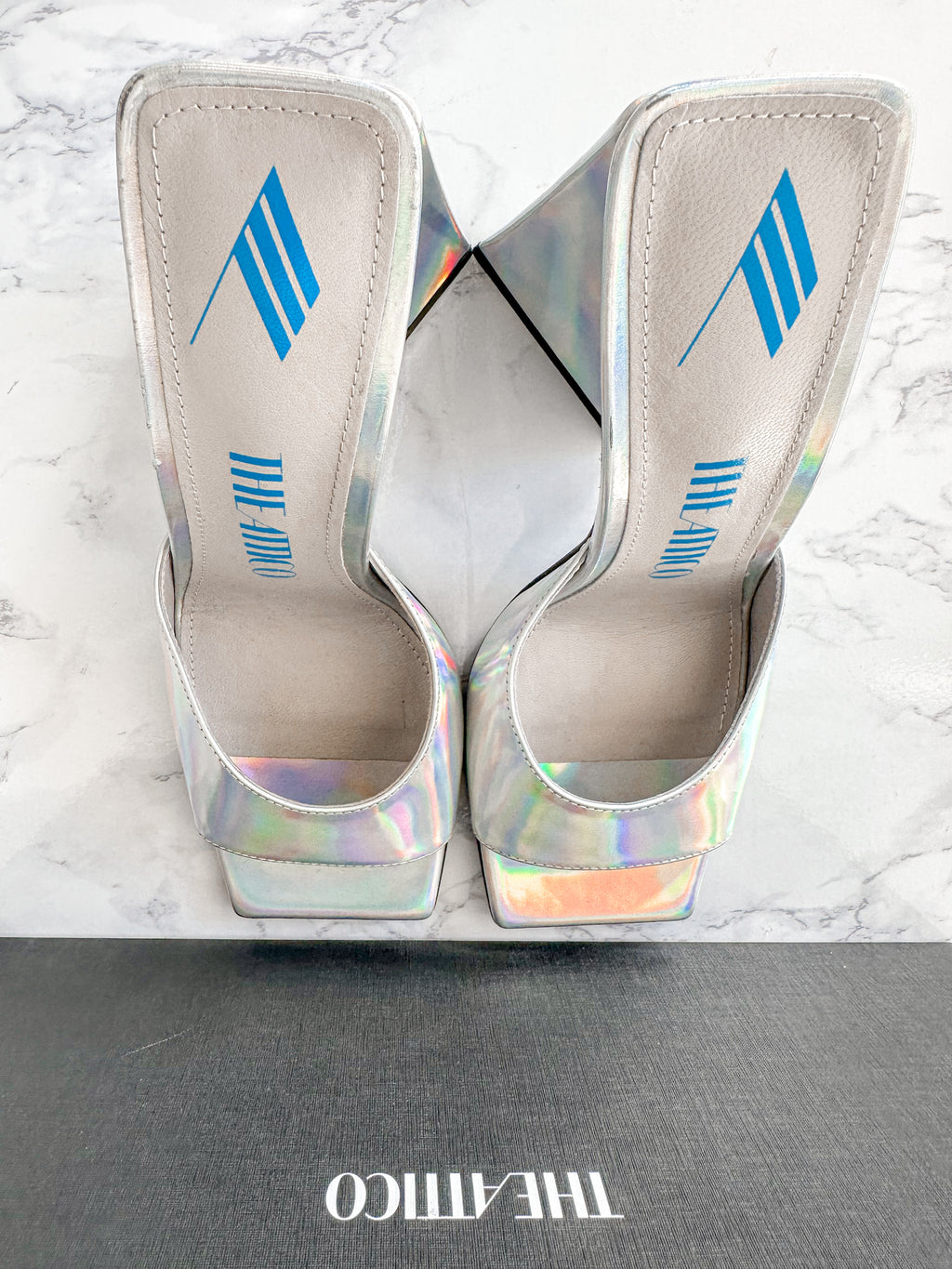 The Attico Devon Iridescent Holographic Silver High Heel Mules
