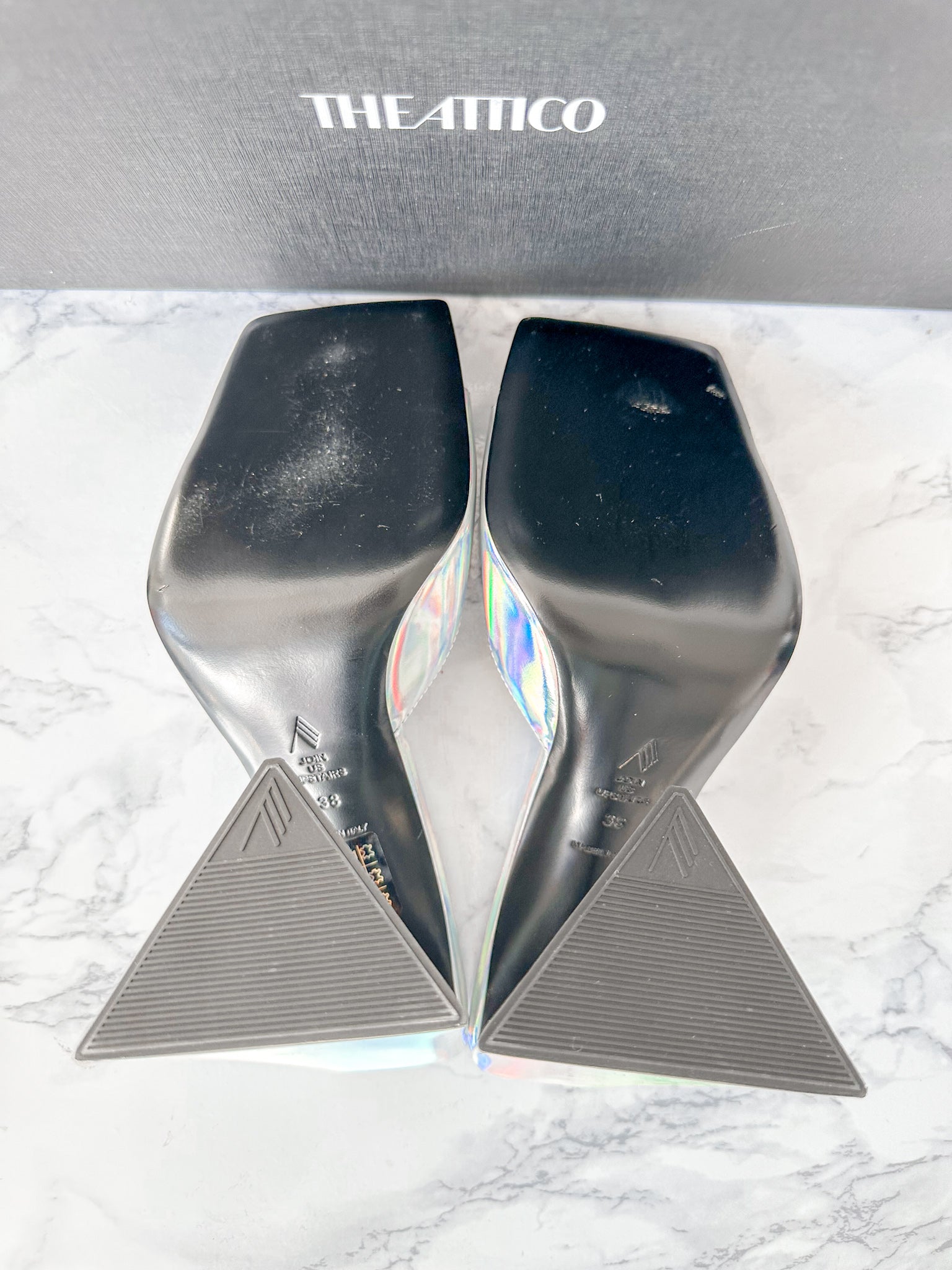 The Attico Devon Iridescent Holographic Silver High Heel Mules