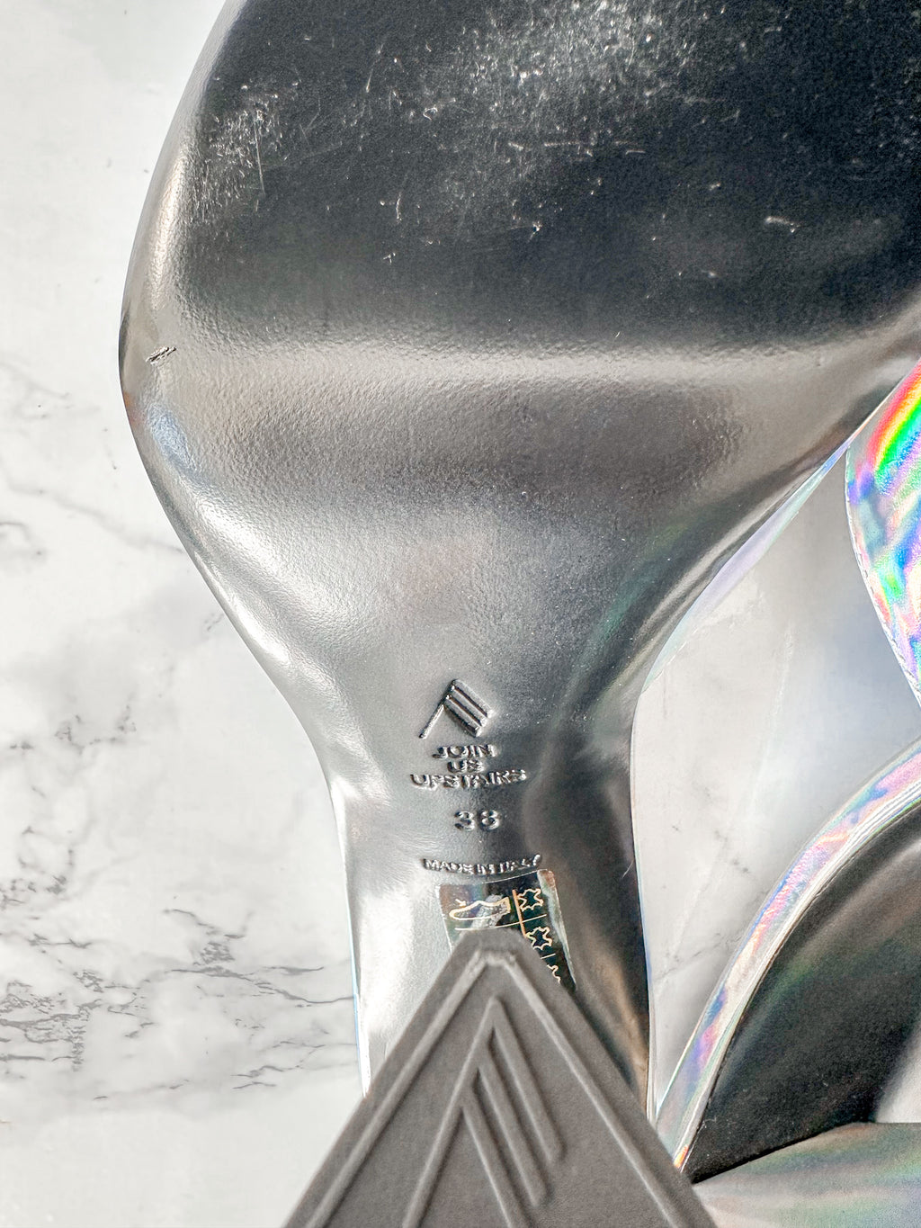 The Attico Devon Iridescent Holographic Silver High Heel Mules
