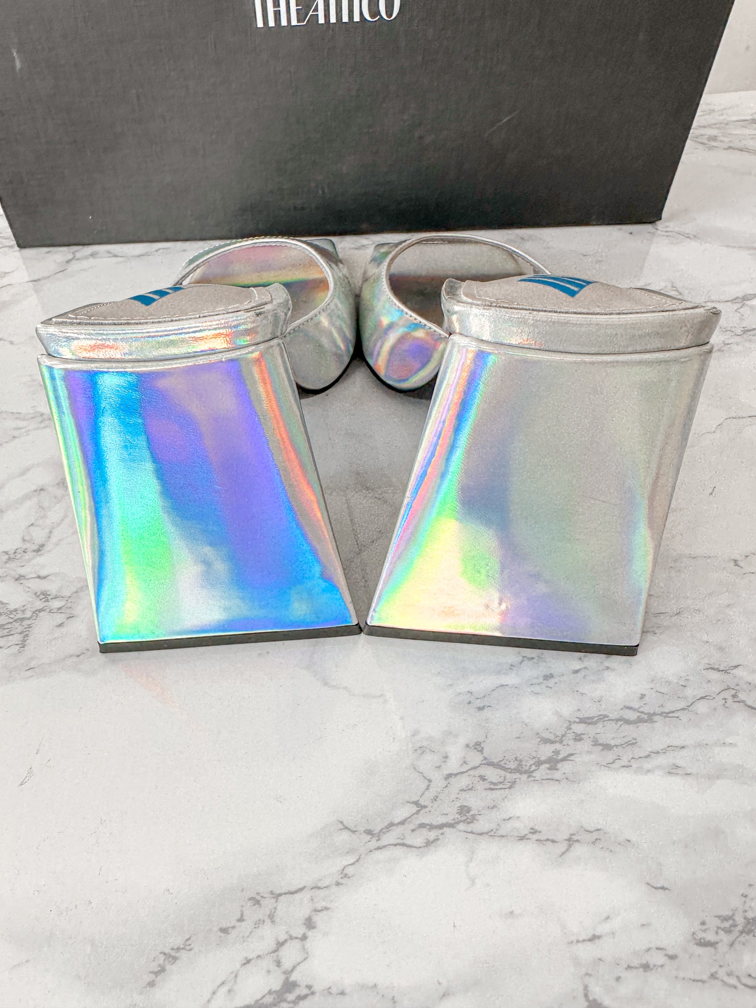 The Attico Devon Iridescent Holographic Silver High Heel Mules