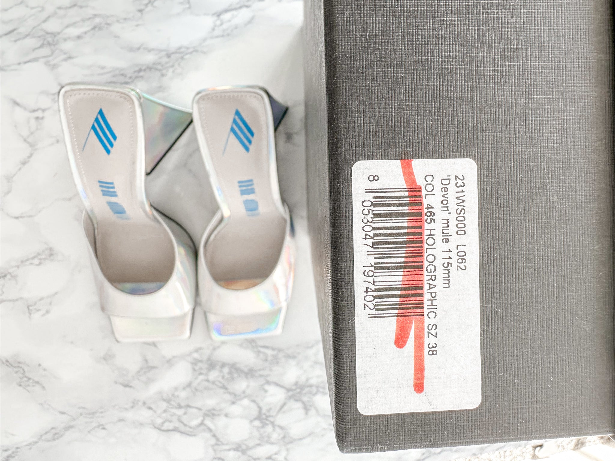The Attico Devon Iridescent Holographic Silver High Heel Mules