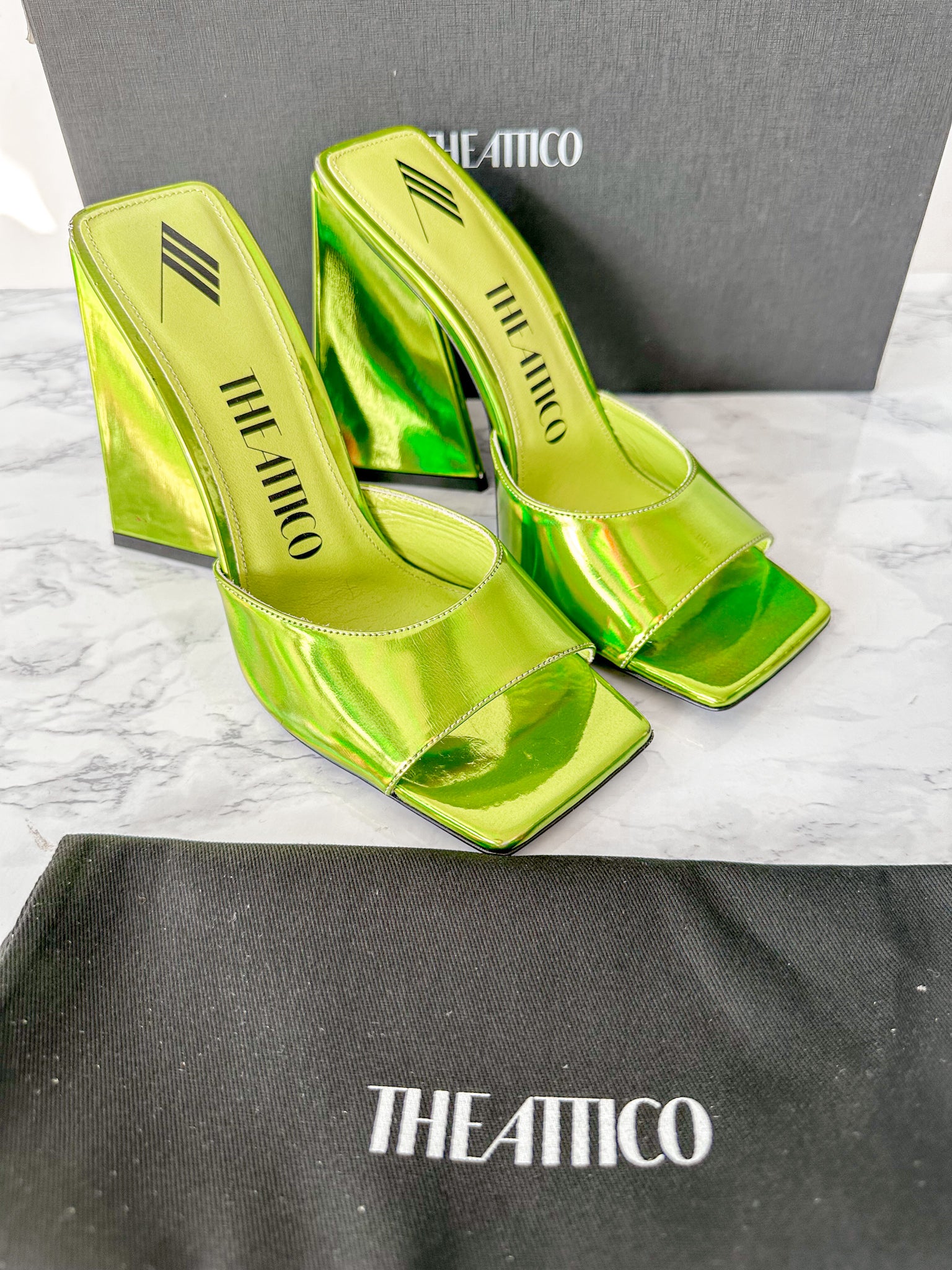 The Attico Devon Iridescent Lime Green High Heel Mules (EX-DISPLAY)