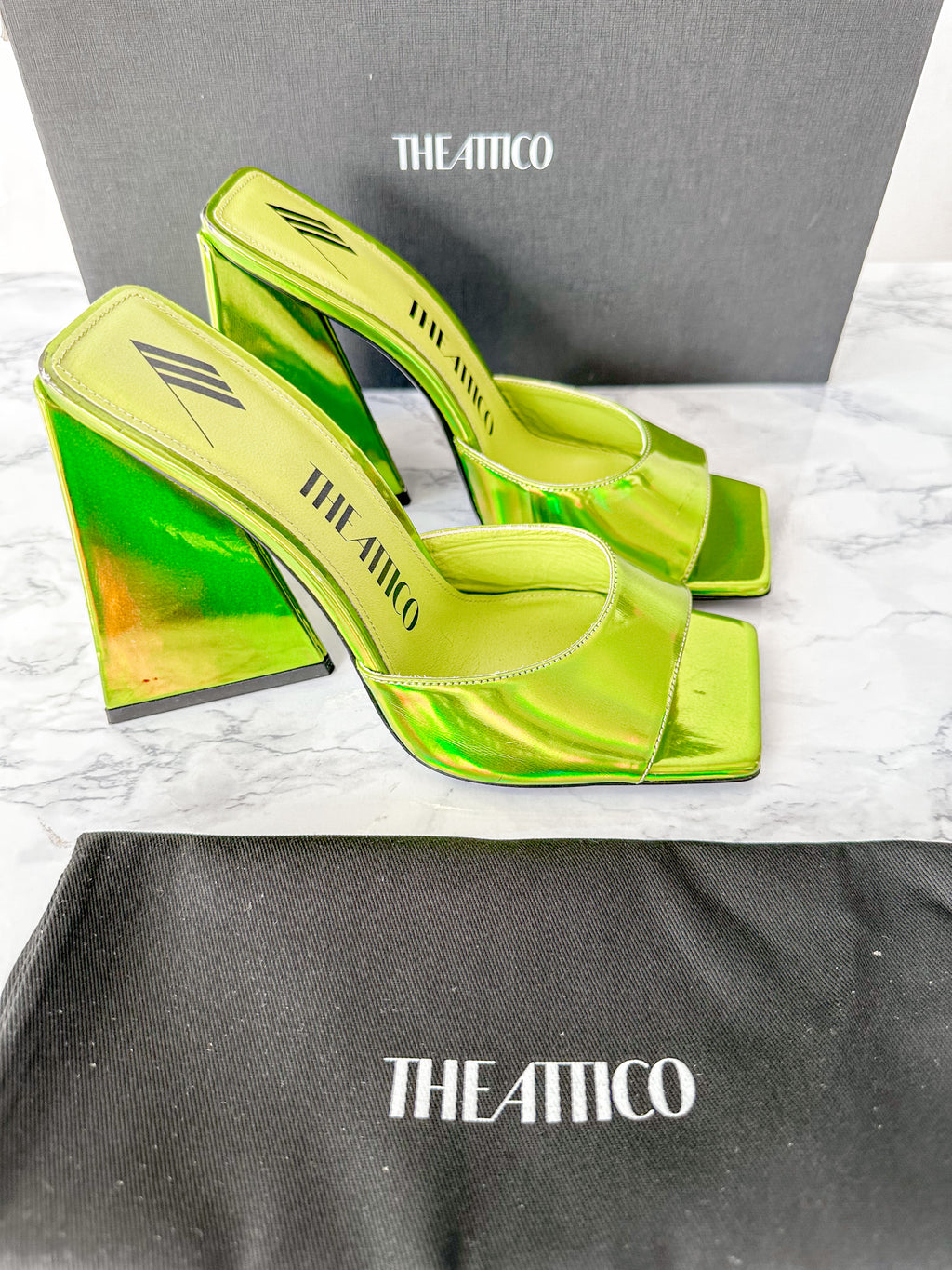 The Attico Devon Iridescent Lime Green High Heel Mules (EX-DISPLAY)
